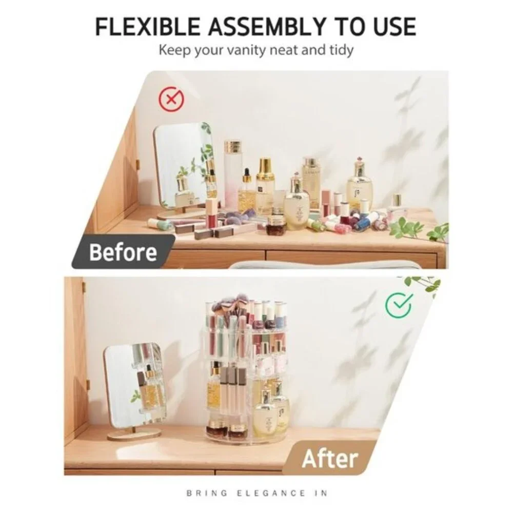 360° Rotating Makeup Organizer, Adjustable Large Vanity Storage Holder - Clear